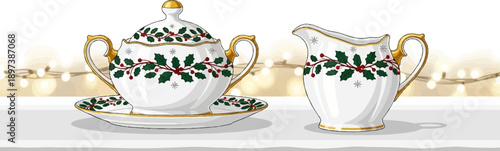 White sugar bowl and creamer with holly and snowflake pattern, gold accents, against bokeh string lights