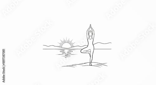 Line art of a person in yoga tree pose at sunrise/sunset by water with mountains in background