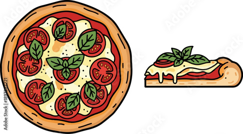 Cartoon illustration of a whole round pizza and a separate slice with tomatoes, basil, cheese, and sauce