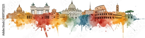 Watercolor-style illustration of iconic Roman skyline featuring historical buildings with vibrant color splashes