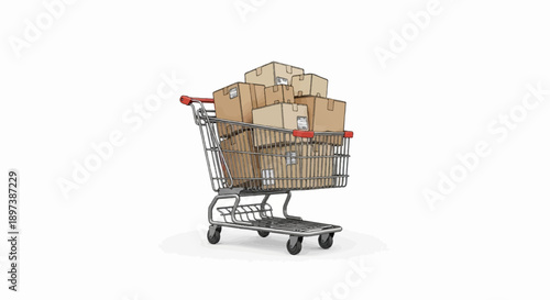 An illustration of a silver shopping cart overflowing with numerous brown cardboard boxes