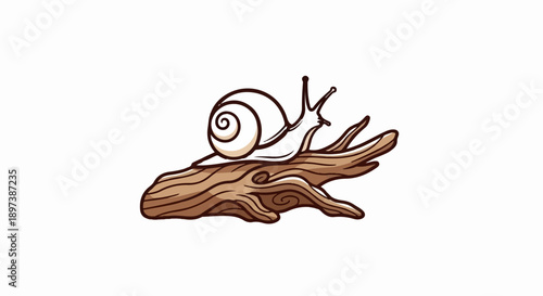 Cartoon snail with beige shell crawling slowly on a textured brown tree branch illustration