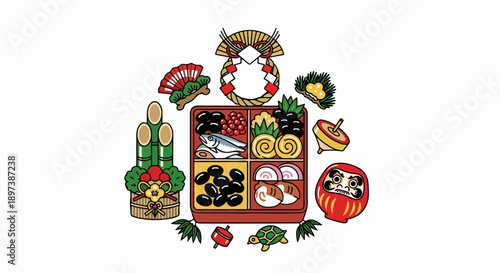 Colorful illustration of traditional Japanese New Year decorations, food, and cultural symbols