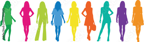women, fashion, silhouette, colorful, style, pose, diversity, clothing, gradient, outfit, dress, pants, skirt, handbag, model, vibrant, trendy, design, female, expression