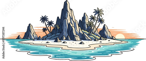 Pixelated tropical island scene with towering rock formations, swaying palm trees, sandy beach, and sunset over tranquil sea