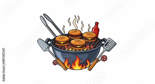 An illustration of four sizzling burgers cooking on a charcoal grill with tools and a ketchup bottle