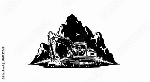 Monochromatic illustration of a heavy-duty excavator against a silhouette of rugged mountains and foreground grass