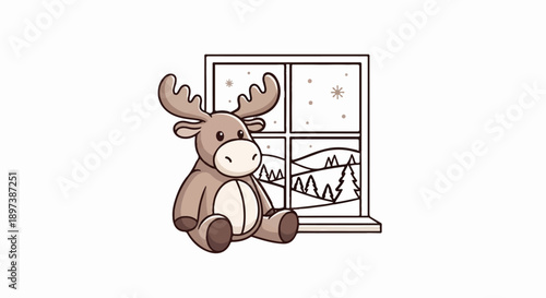 Cute cartoon moose plush toy sits by window, observing a serene snowy winter landscape with mountains and trees