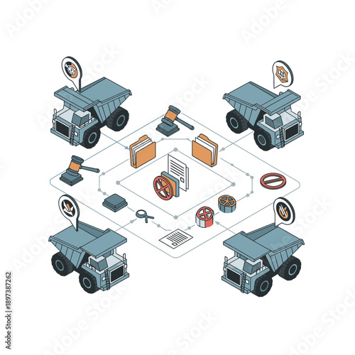 Isometric illustration of mining trucks and equipment in a workflow diagram.