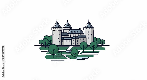 An illustration of a classic fairytale castle with towers, surrounded by trees and a moat, on a white background