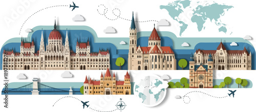 Illustrative collage of global travel with iconic European landmarks, airplanes, world maps, and clouds