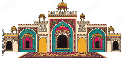Ornate, colorful traditional palace or stage setting with multiple domes, arches, and a decorated carpet
