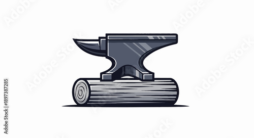 Stylized grey anvil rests firmly on a rough-textured wooden log in a clean, graphic illustration