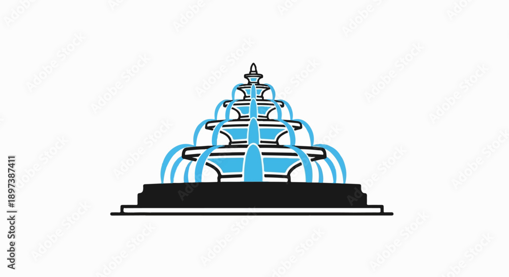 Naklejka premium Stylized tiered fountain illustration with black structure and vibrant blue cascading water on white
