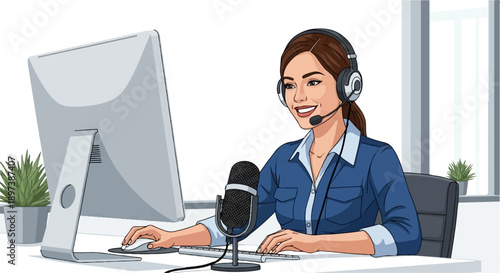 Smiling woman with headset and microphone at a desk with a computer, actively working or recording