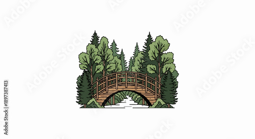 Colorful cartoon drawing of a small wooden bridge crossing a flowing river, nestled within a lush forest
