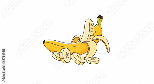 Bright yellow banana, partially peeled with skin curled back, and several ripe banana slices