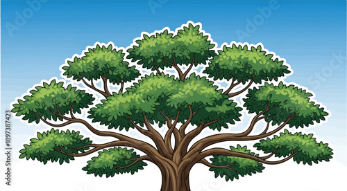 Cartoon-style illustration of a broad tree with green foliage, brown trunk and branches, against a blue sky