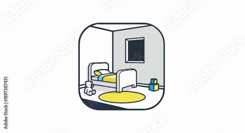 Minimalist child's bedroom illustration featuring a bed, teddy bear, rug, and toy blocks in a simple style