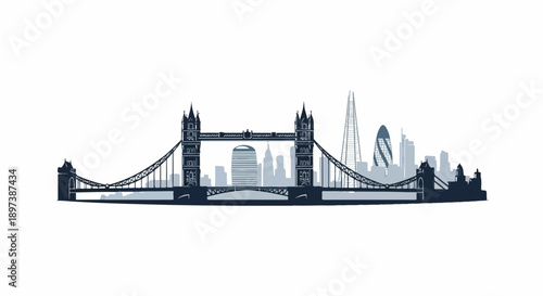 Stylized cityscape with iconic bridge and modern skyscrapers in blue hues against a white background