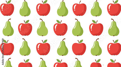 Seamless pattern of red apples and green pears in rows on a white background, flat style illustration