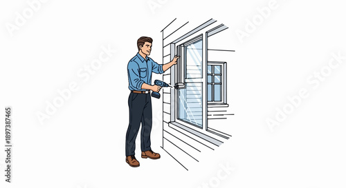An illustration of a man installing or repairing a window with a power drill on the side of a house