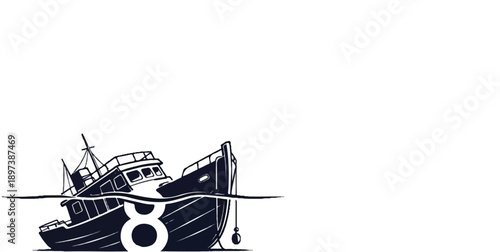 Stylized graphic of a traditional fishing boat partially submerged, with a large number 8 integrated into its hull
