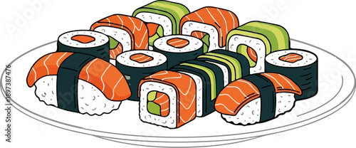 An illustration of a platter filled with diverse sushi rolls and nigiri, featuring salmon and avocado