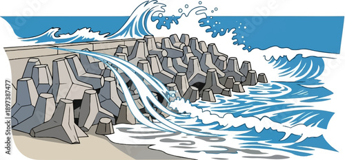 Vibrant cartoon illustration shows large blue waves crashing against a concrete breakwater protecting a sandy beach