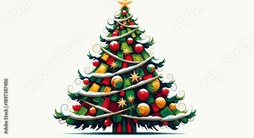 Vibrant cartoon Christmas tree with a golden star, festive ornaments, garlands, and snow, on white background