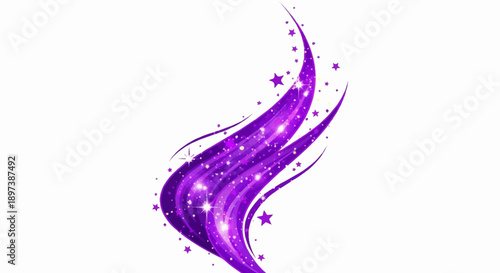 Flowing purple and indigo ribbons with sparkling stars and glitter on a white background, creating a magical, energetic graphic