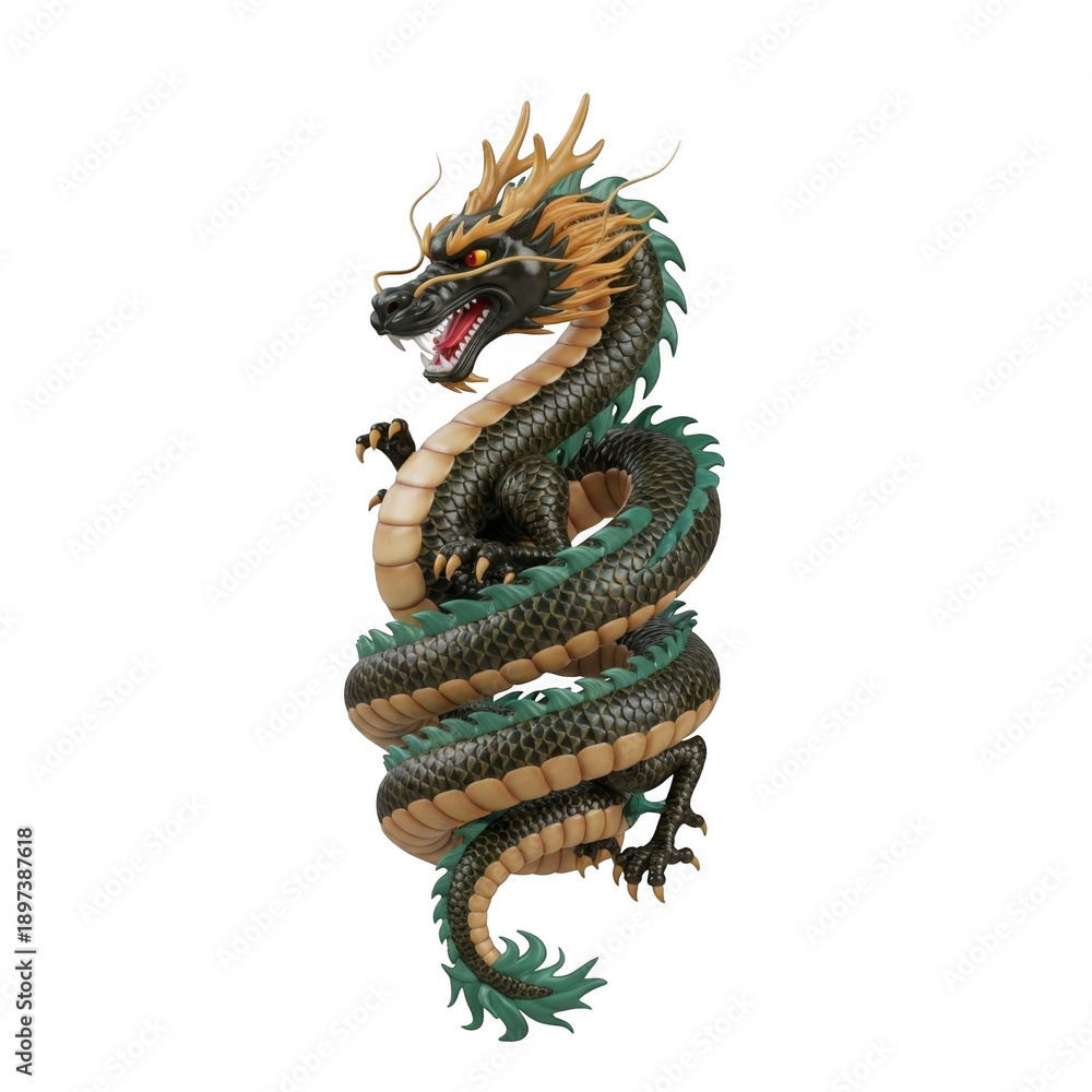 Fototapeta premium Ornate Curled Black Dragon with Gold Mane on Transparent Background