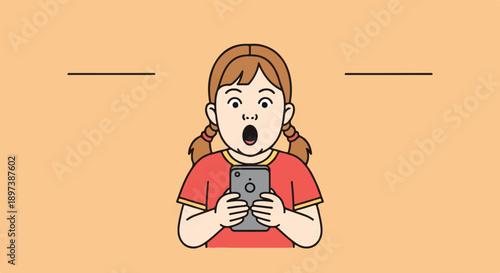 Illustration of a surprised young girl with pigtails holding a smartphone, mouth open in shock