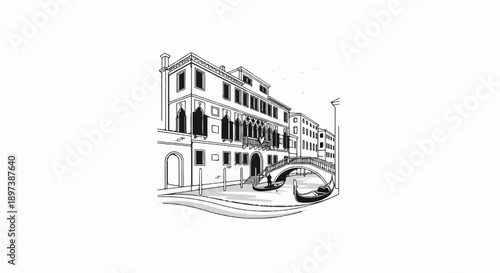 Black and white sketch of a charming old European city canal with historic buildings, a small bridge, and gondolas