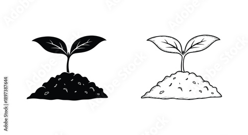 Two simple sprout illustrations one dark one light both in soil