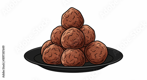 Illustration of a pyramid-shaped pile of brown, textured, spherical food items on a black plate