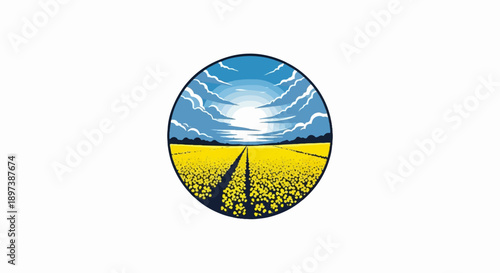 Stylized pixel art illustration of a vibrant yellow field under a blue sky with dramatic clouds and sun rays