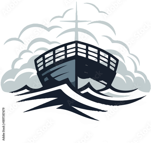 Stylized illustration of a ship's bow cutting through waves, with smoky clouds in the background