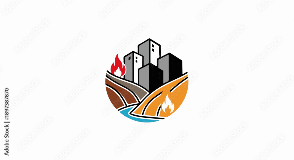 Obraz premium Circular emblem depicting a city skyline, hills, and river with fire elements, representing urban and natural environments