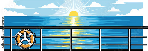 View from a ship's deck at sunrise/sunset over the ocean with a life preserver on the railing