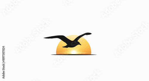Black silhouette of a seagull flying across a radiant yellow-orange sun with sunrays and a horizon