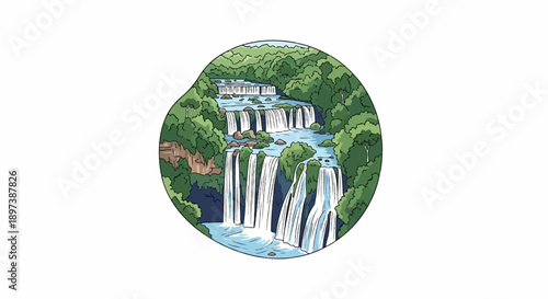 An illustrative scene of lush green trees surrounding multiple tiers of majestic waterfalls and flowing rivers