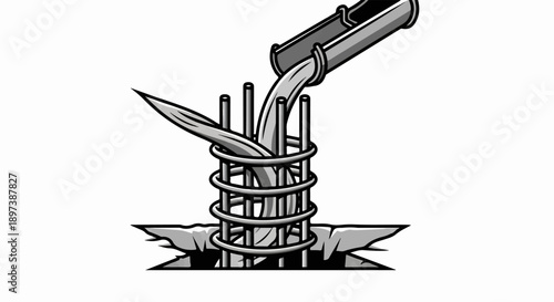 Monochrome cartoon liquid material flows from a chute into a metal rebar cage set in cracked ground