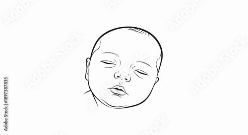 Black and white line art of a peacefully sleeping newborn baby's head, facing slightly left on a white background