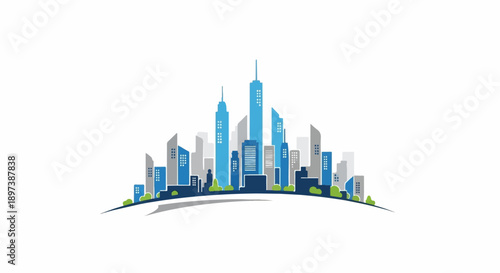 Stylized urban cityscape illustration featuring blue and gray buildings with green trees on a curved base