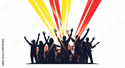 Silhouettes of a crowd and band members on stage with hands raised, illuminated by bright yellow and red stage lights