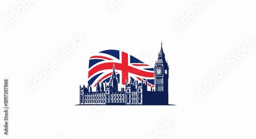 Iconic European capital cityscape silhouette with famous clock tower and government buildings, against national flag