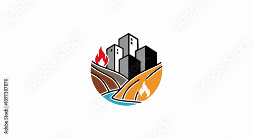 Circular emblem depicting a city skyline, hills, and river with fire elements, representing urban and natural environments