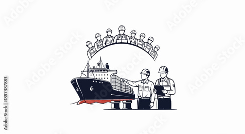 Illustration of a cargo ship with workers managing containers, supervised by a team in hard hats