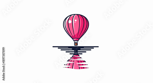 Pink hot air balloon illustration with reflection on a wavy surface, isolated on a white background